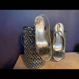 Gold and Grey Pattern Jewelled Slingback Shoes
